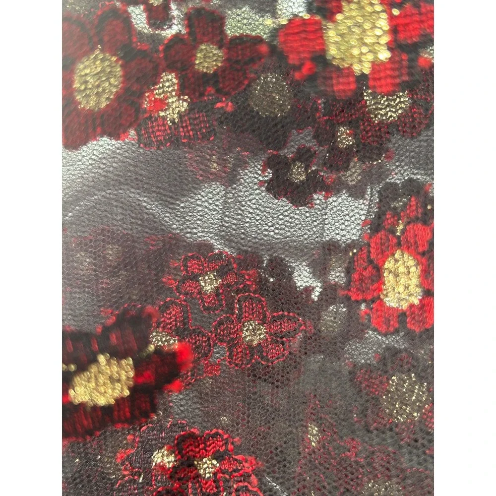 Black Mesh Dupatta Red Gold Floral Embroidered Scarf Scalloped Lace Border 90x40